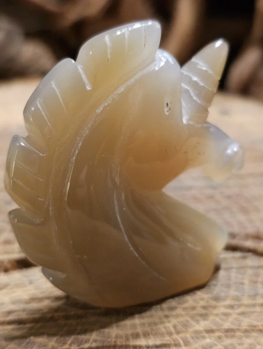 Carved Agate Unicorn Head Figurine in Semi-Translucent Beige With Druzy Crystal